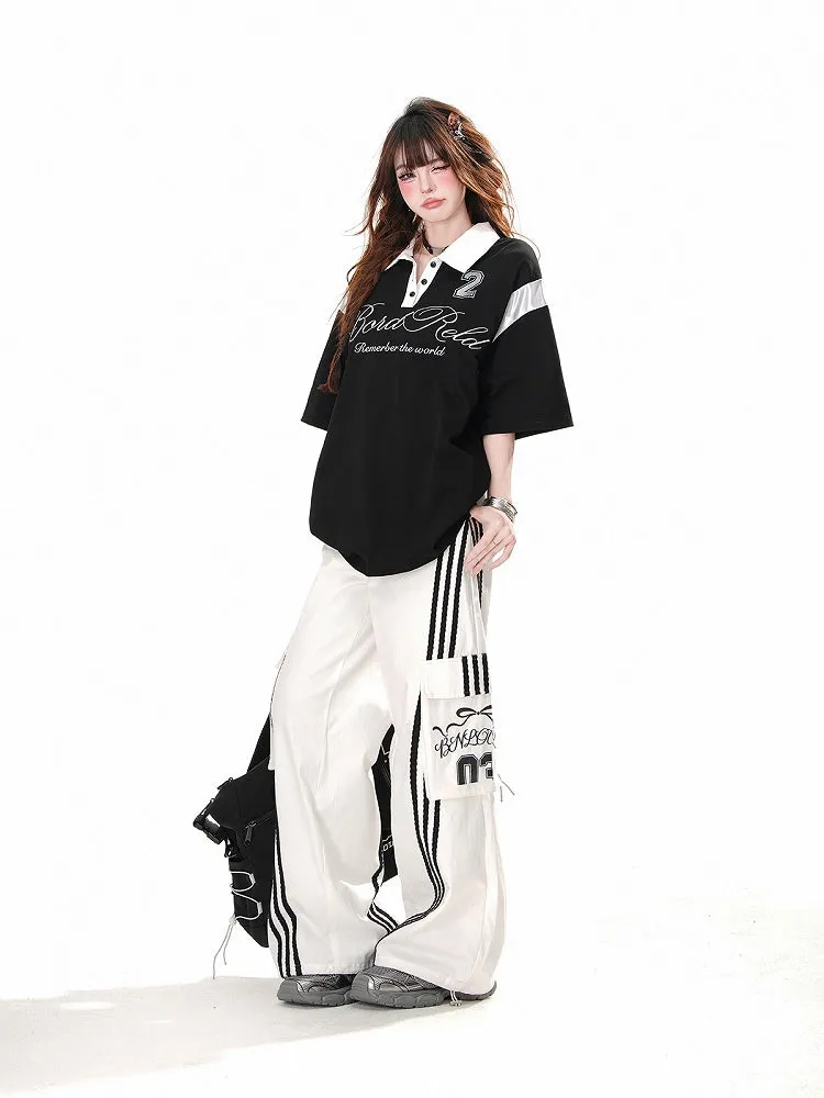 Black/White Polo Collar Preppy Style Sports T-Shirt