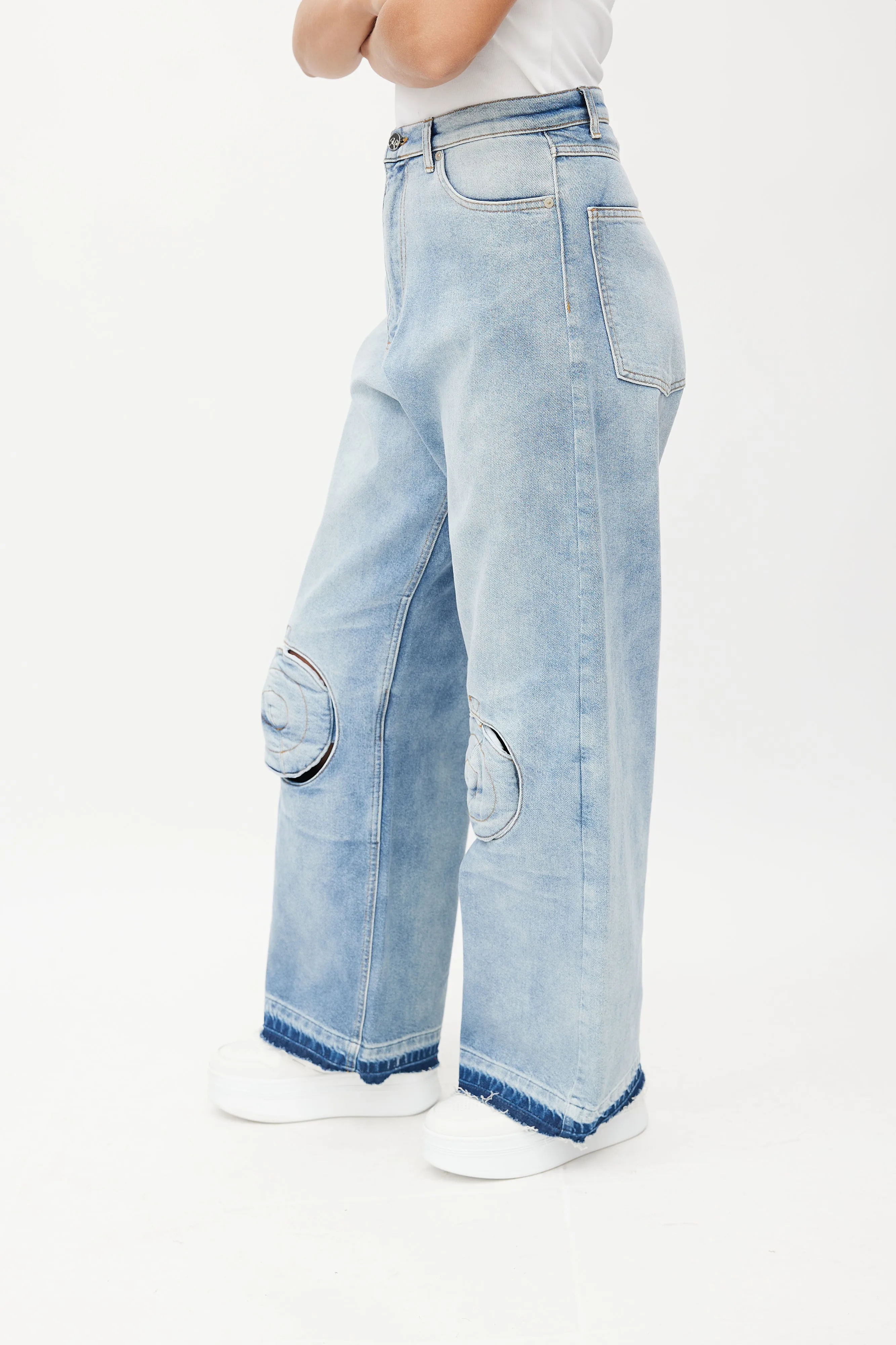 Blue Knee Pad Wide Leg Denim Jeans