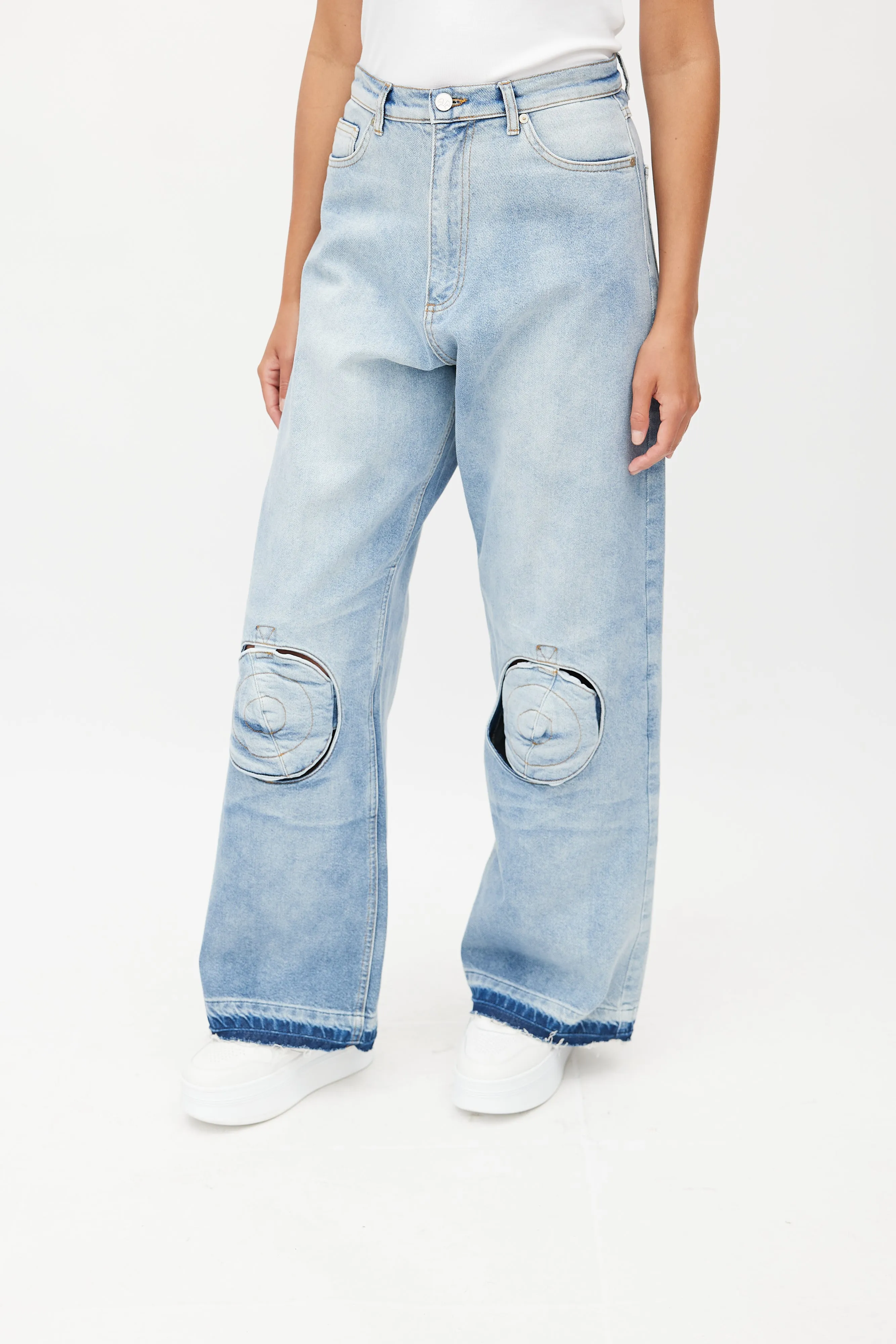 Blue Knee Pad Wide Leg Denim Jeans