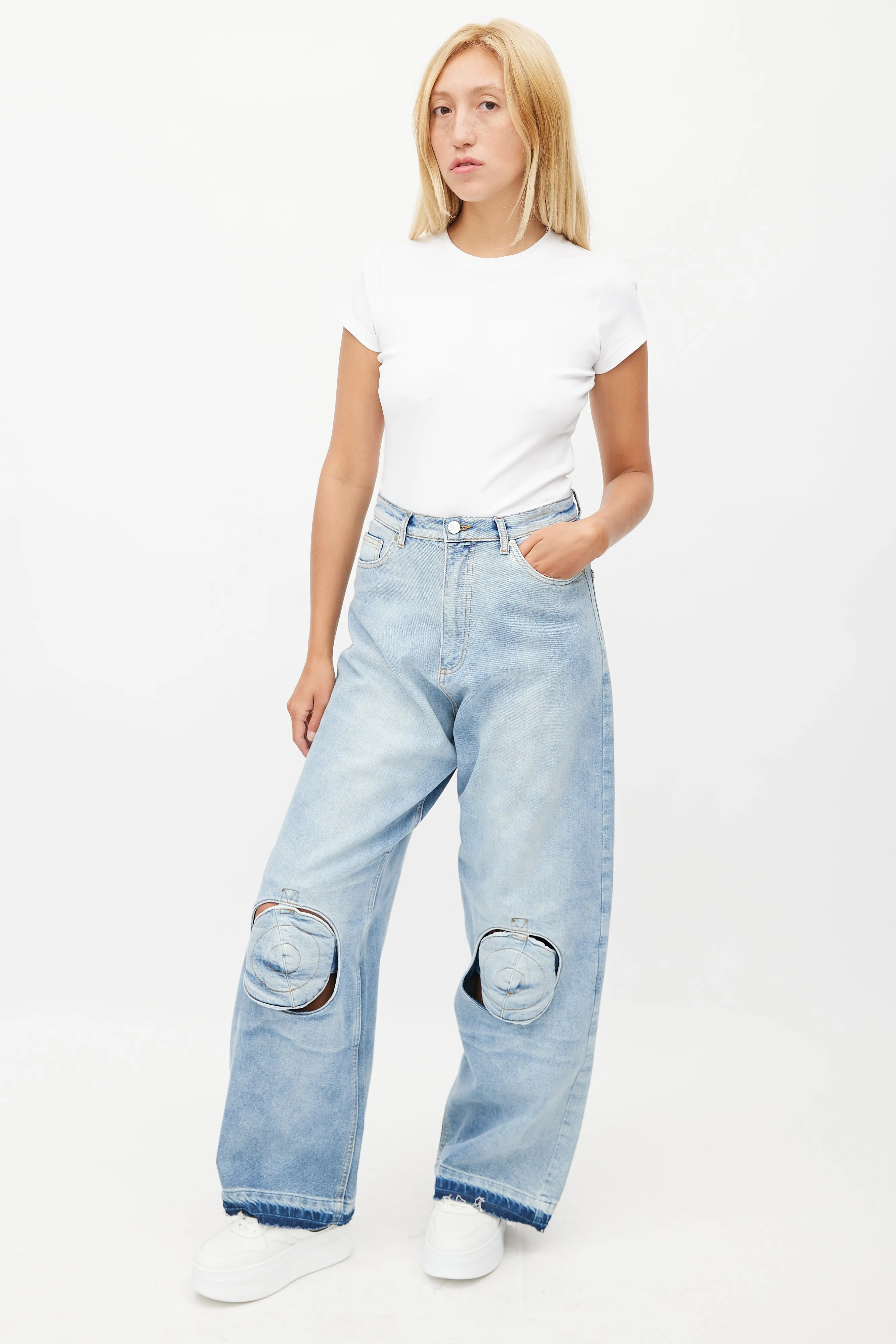 Blue Knee Pad Wide Leg Denim Jeans