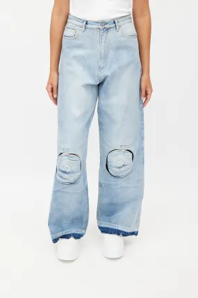 Blue Knee Pad Wide Leg Denim Jeans