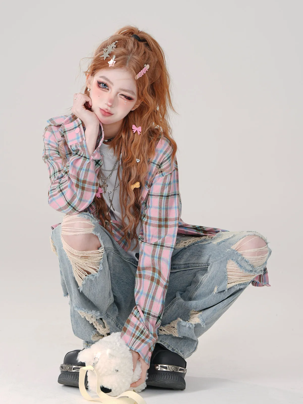 Collar Check Polo and Short Shirt Long Detachable Loose