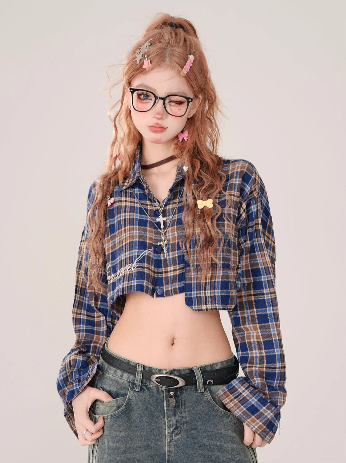 Collar Check Polo and Short Shirt Long Detachable Loose