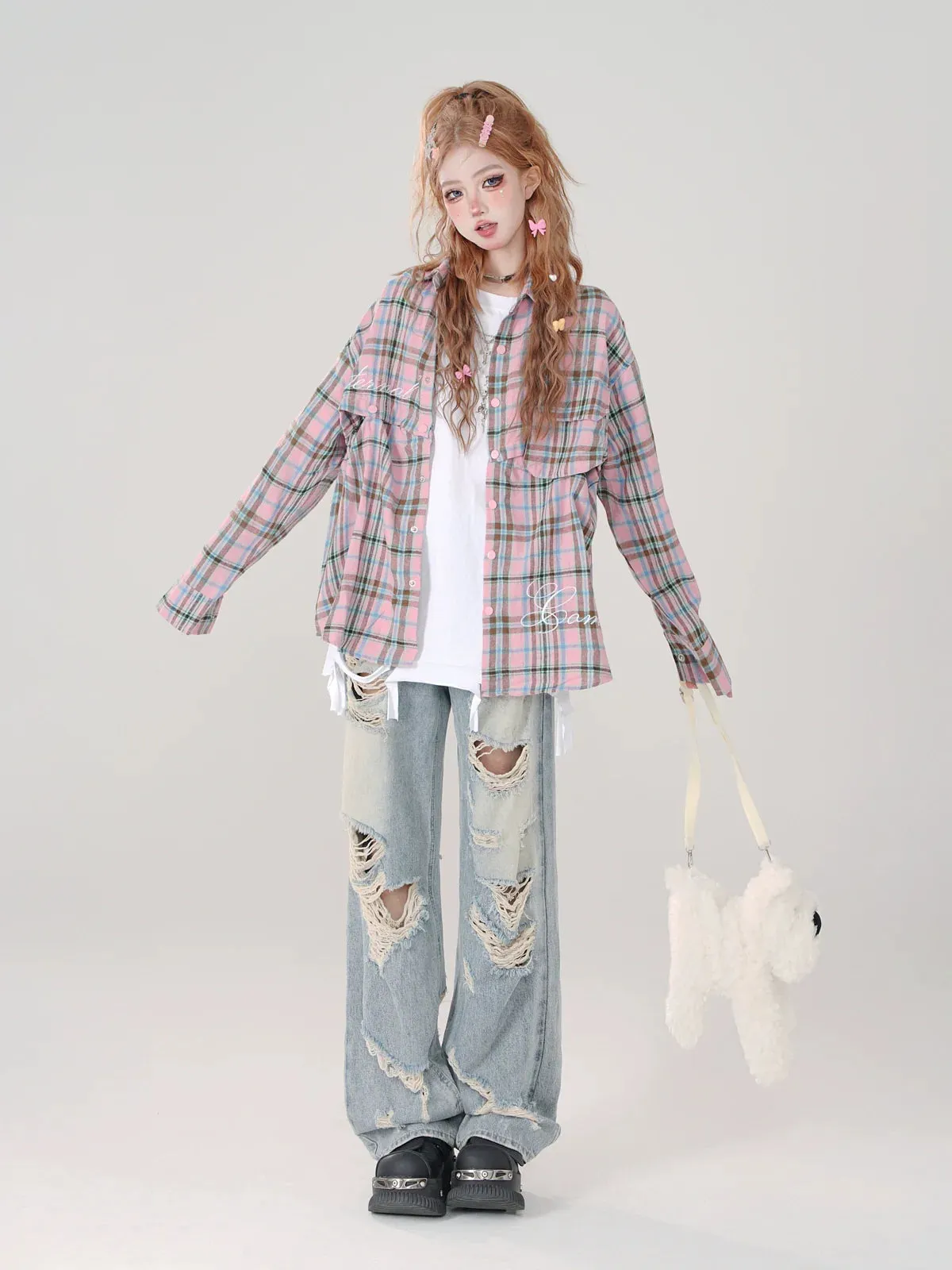 Collar Check Polo and Short Shirt Long Detachable Loose
