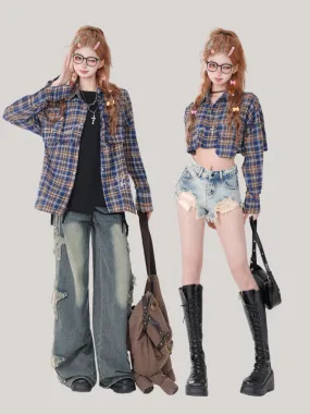 Collar Check Polo and Short Shirt Long Detachable Loose