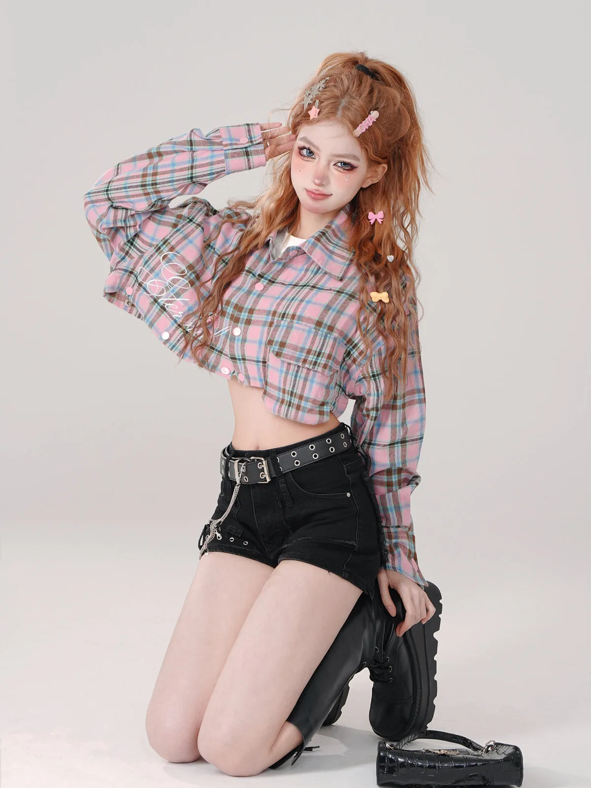 Collar Check Polo and Short Shirt Long Detachable Loose