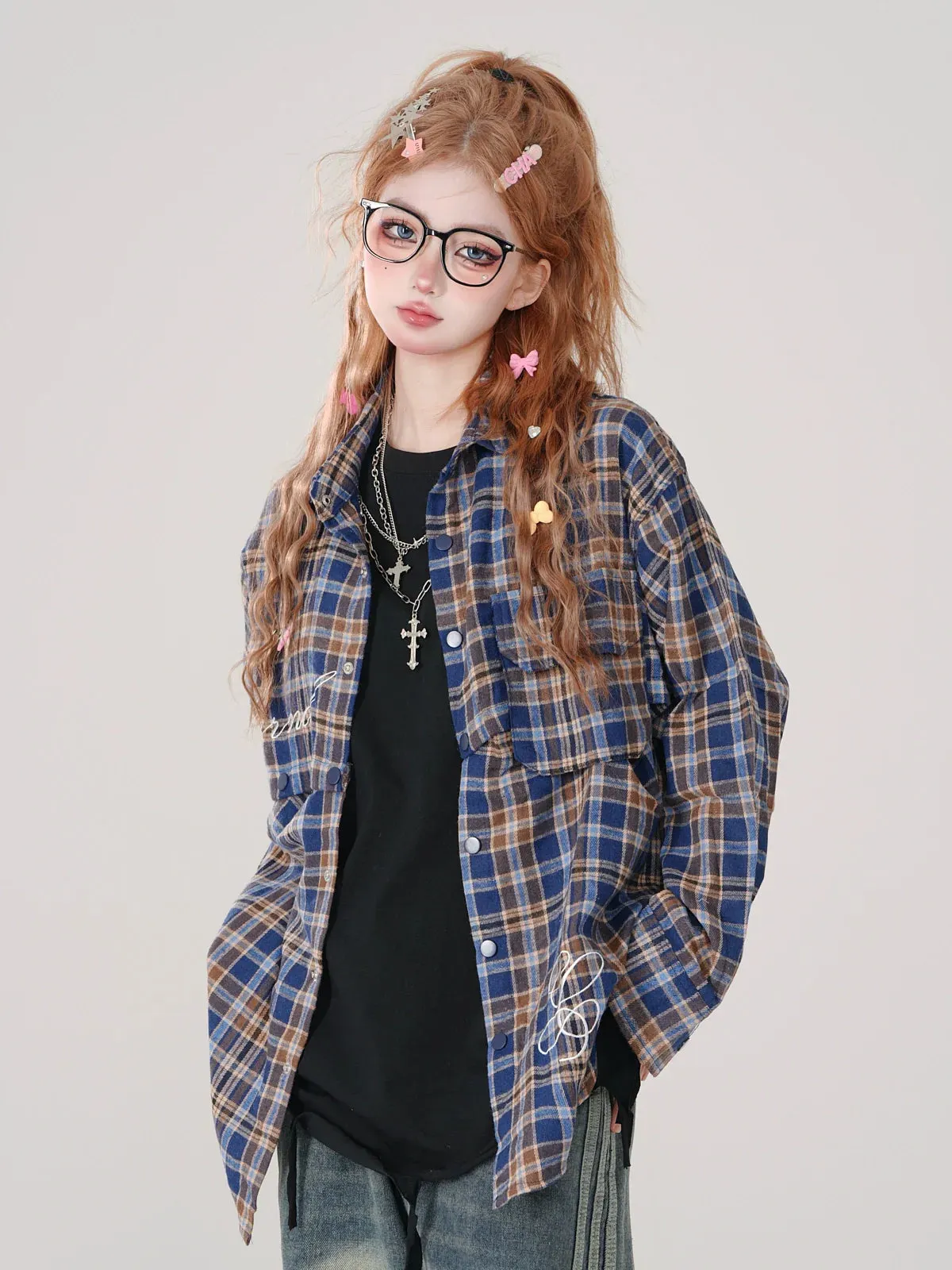 Collar Check Polo and Short Shirt Long Detachable Loose