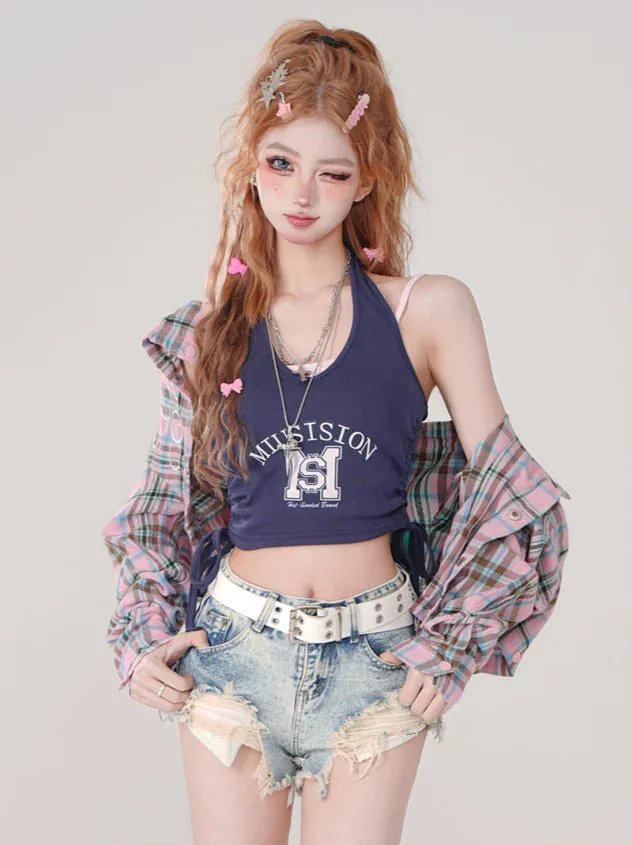 Collar Check Polo and Short Shirt Long Detachable Loose