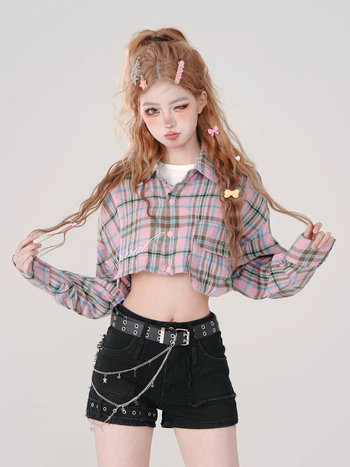 Collar Check Polo and Short Shirt Long Detachable Loose