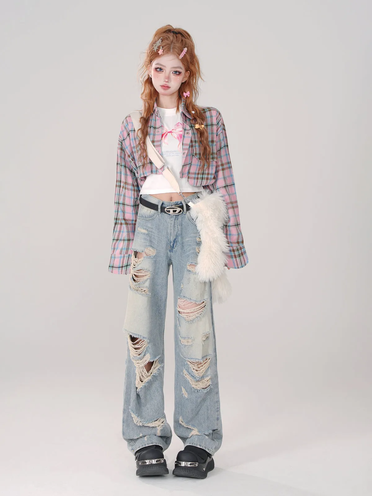 Collar Check Polo and Short Shirt Long Detachable Loose
