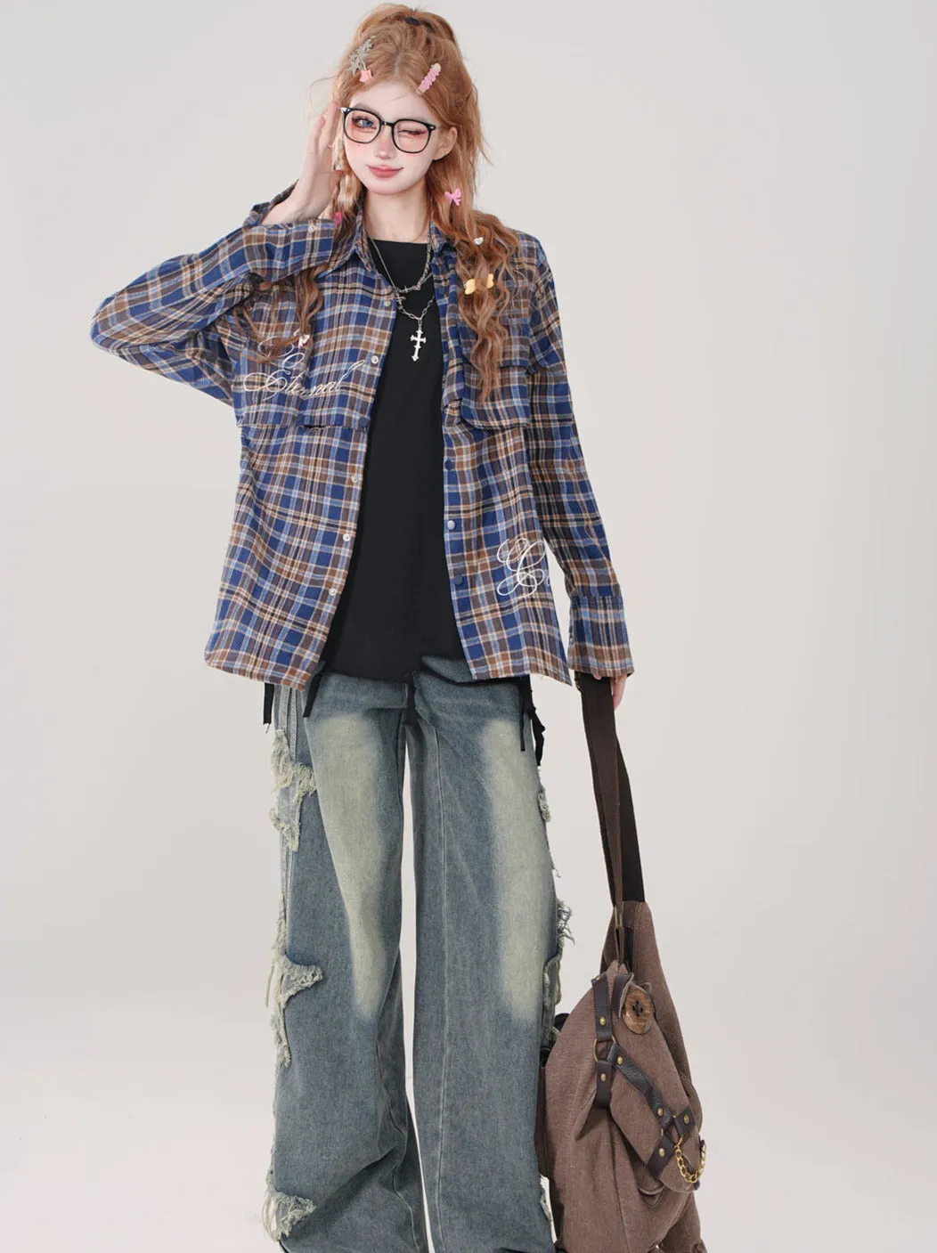 Collar Check Polo and Short Shirt Long Detachable Loose