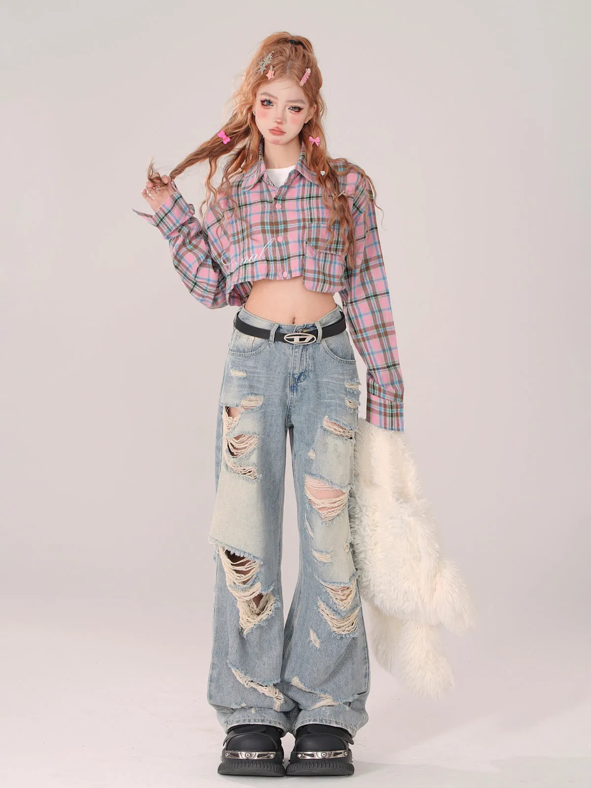 Collar Check Polo and Short Shirt Long Detachable Loose