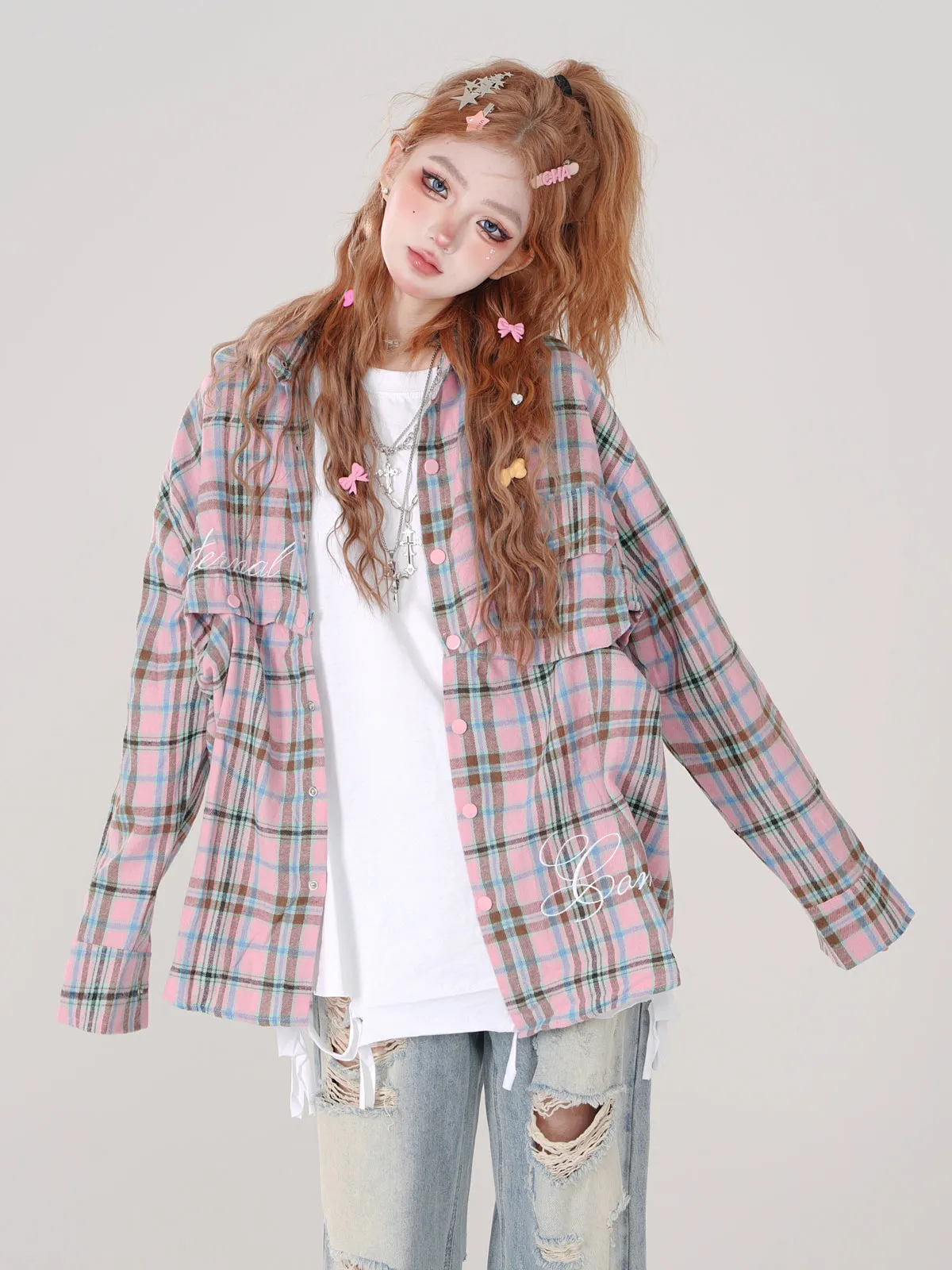Collar Check Polo and Short Shirt Long Detachable Loose
