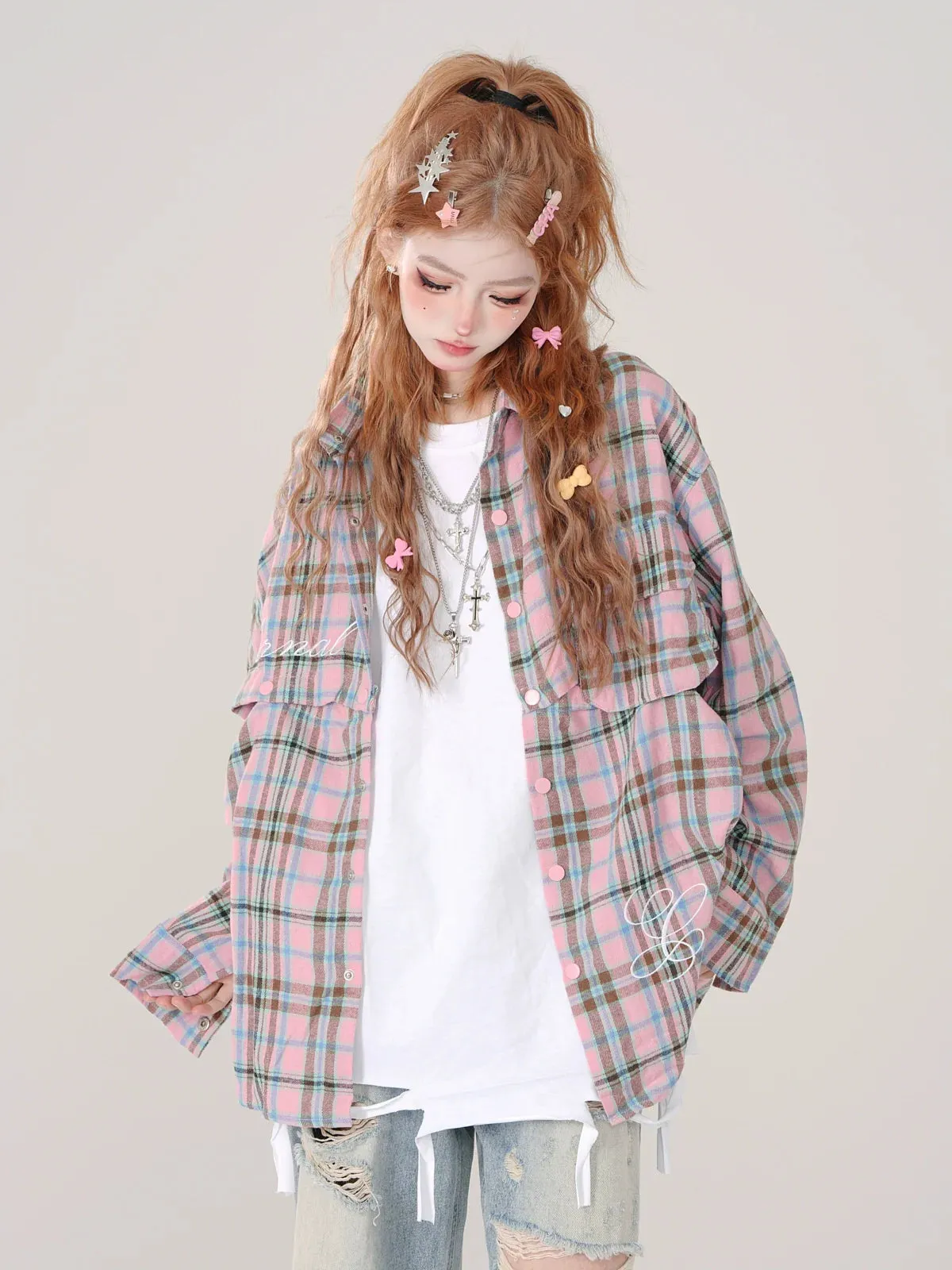 Collar Check Polo and Short Shirt Long Detachable Loose