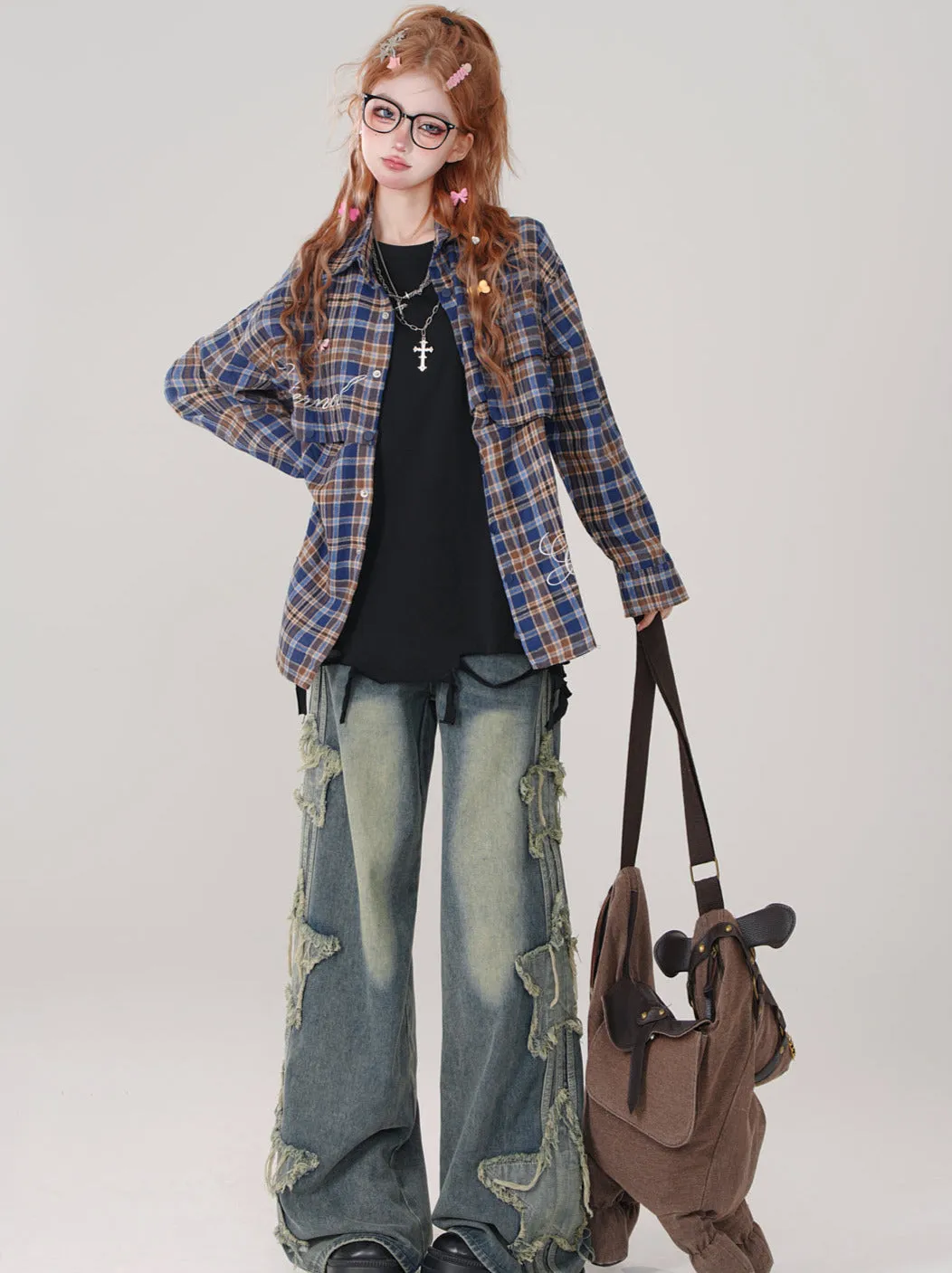 Collar Check Polo and Short Shirt Long Detachable Loose