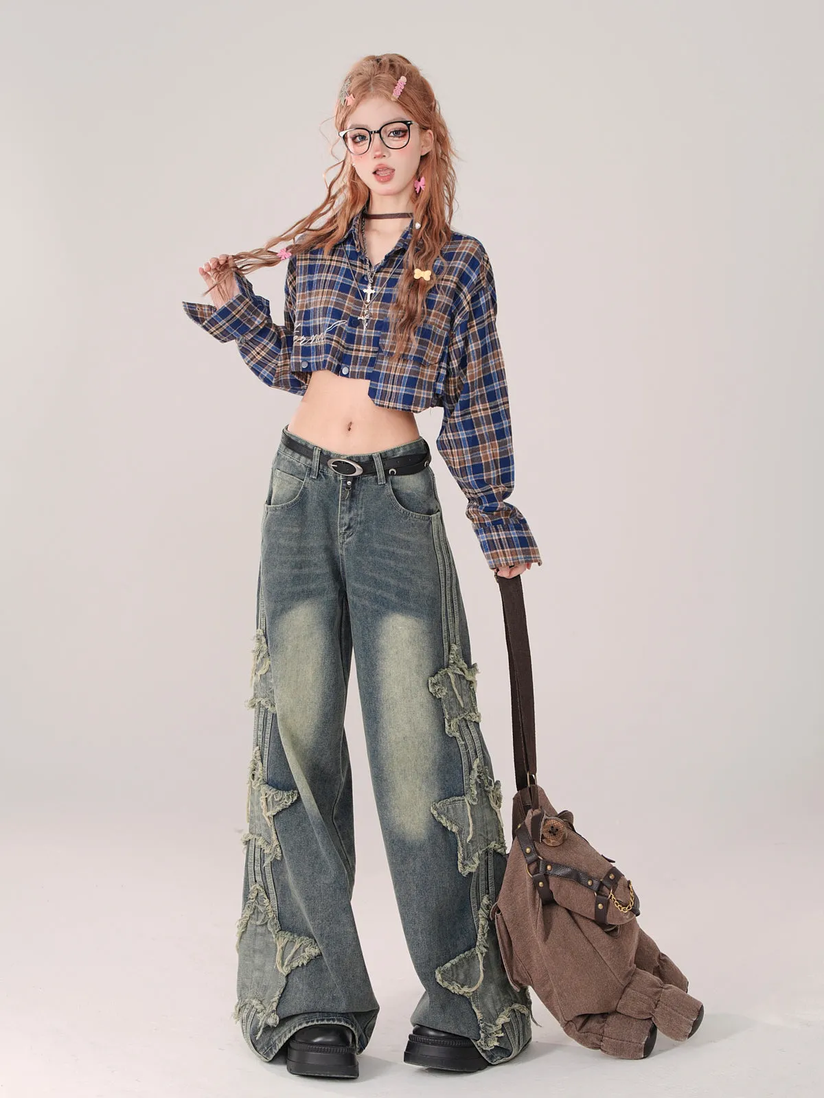 Collar Check Polo and Short Shirt Long Detachable Loose
