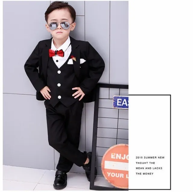 Flower Boys Formal Wedding Suit Kids Japan Style Jacket  Pants Vest BowTie 4Pcs Tuxedo Suit Kids Party Host Costume