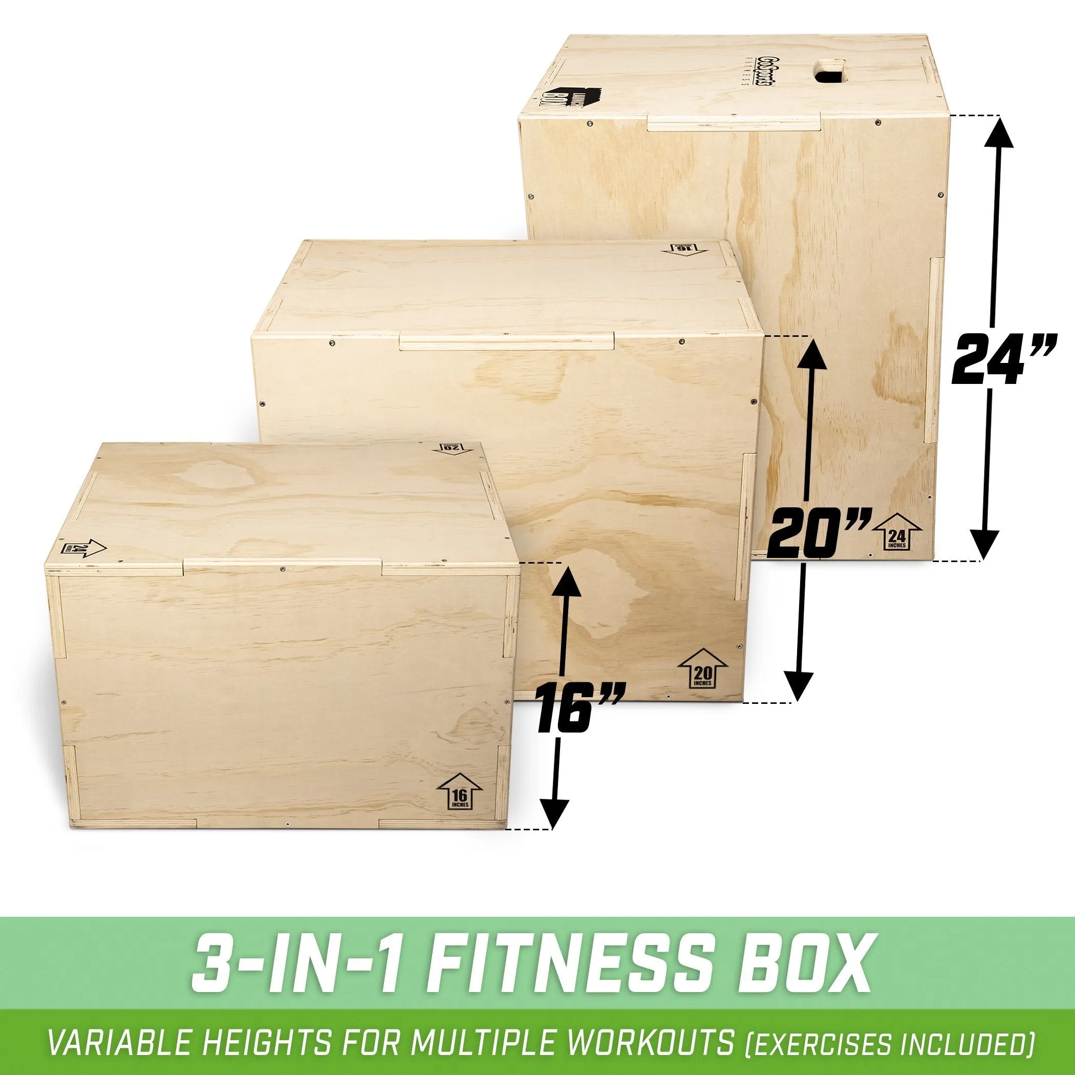 GoSports Fitness Launch Box 3-in-1 Adjustable Height Wood Plyo Jump Box for Exercises of All Skill Levels - Standard