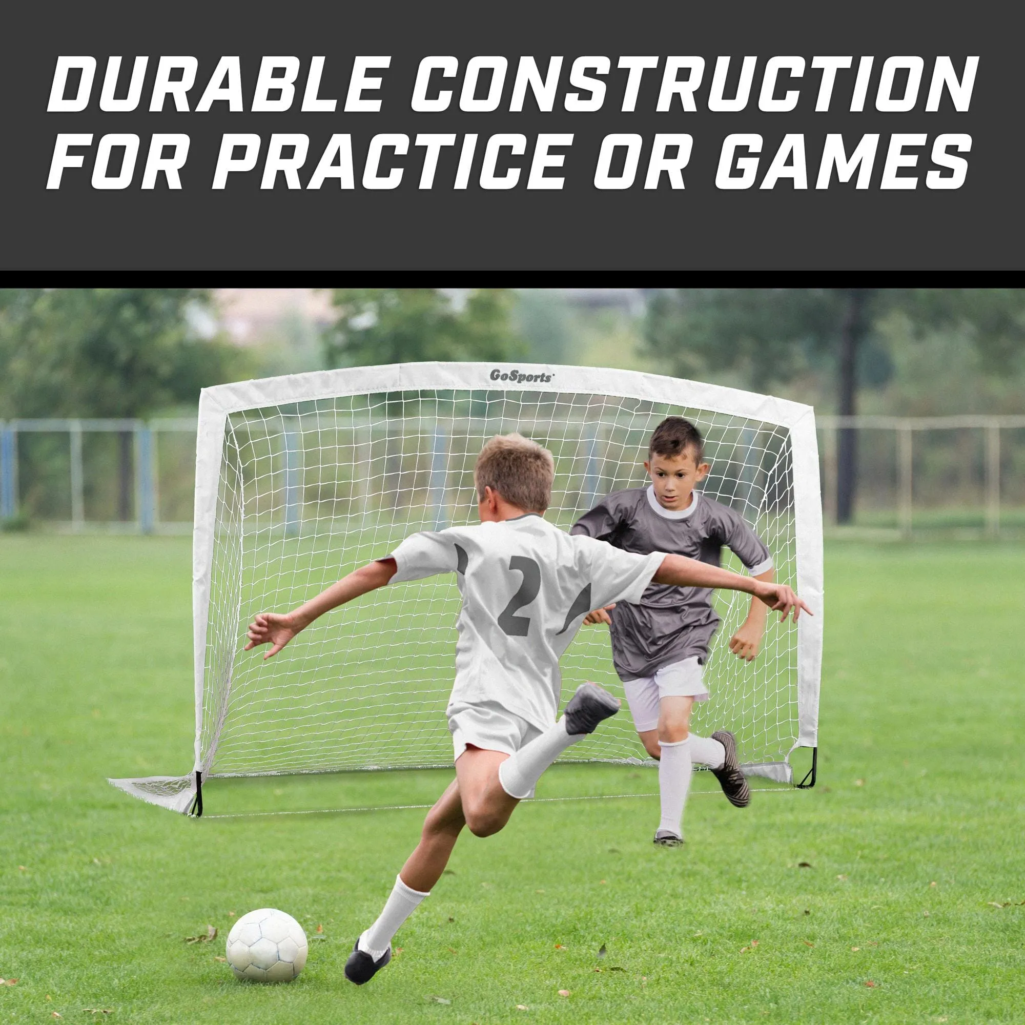 GoSports Team Tone 6 ft x 4 ft Portable Soccer Goal for Kids - Pop Up Net for Backyard - White