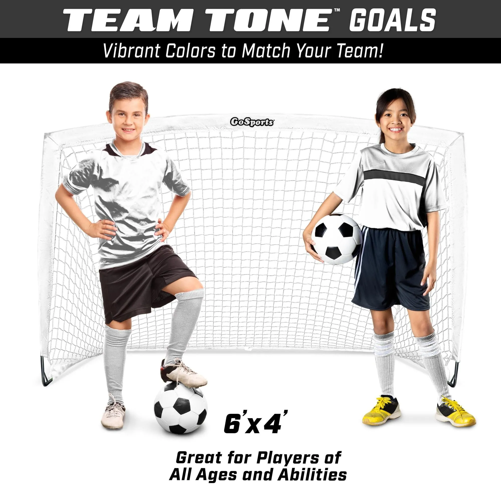 GoSports Team Tone 6 ft x 4 ft Portable Soccer Goal for Kids - Pop Up Net for Backyard - White
