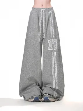 Gray Elastic Waist Lace Wide-Leg Drawstring Sports Pants Waist