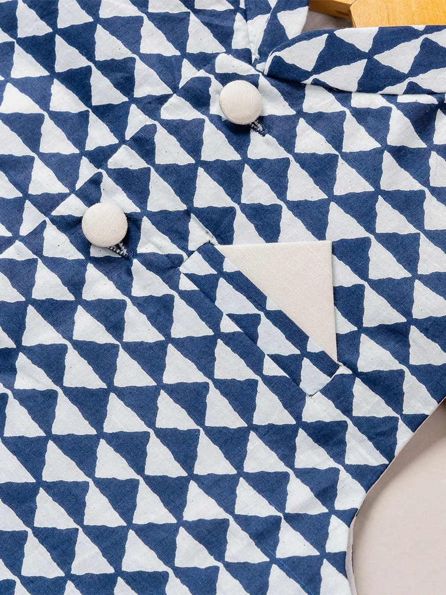 Indigo Satin Linen Kurta & Geometric Bandi Set with Pajama