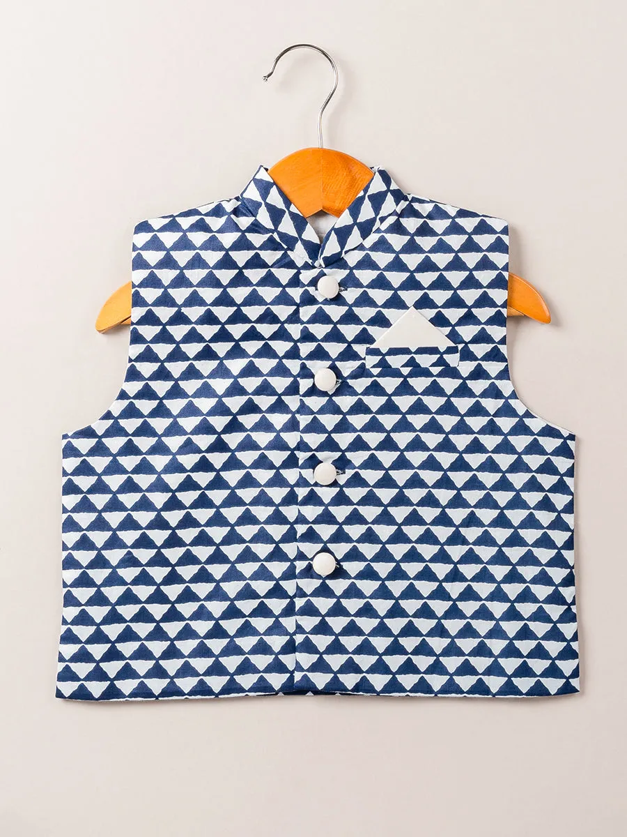 Indigo Satin Linen Kurta & Geometric Bandi Set with Pajama