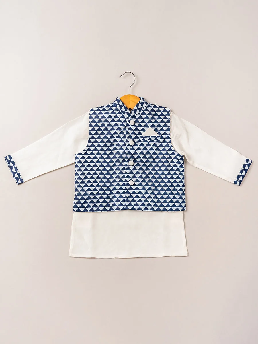 Indigo Satin Linen Kurta & Geometric Bandi Set with Pajama