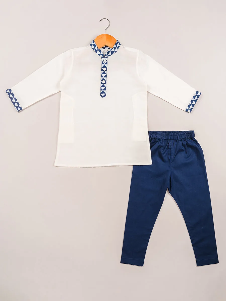 Indigo Satin Linen Kurta & Geometric Bandi Set with Pajama