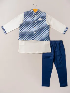 Indigo Satin Linen Kurta & Geometric Bandi Set with Pajama