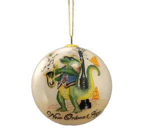 New Orleans Jazz Gator Plays Sax Hand Painted Glass Ornament