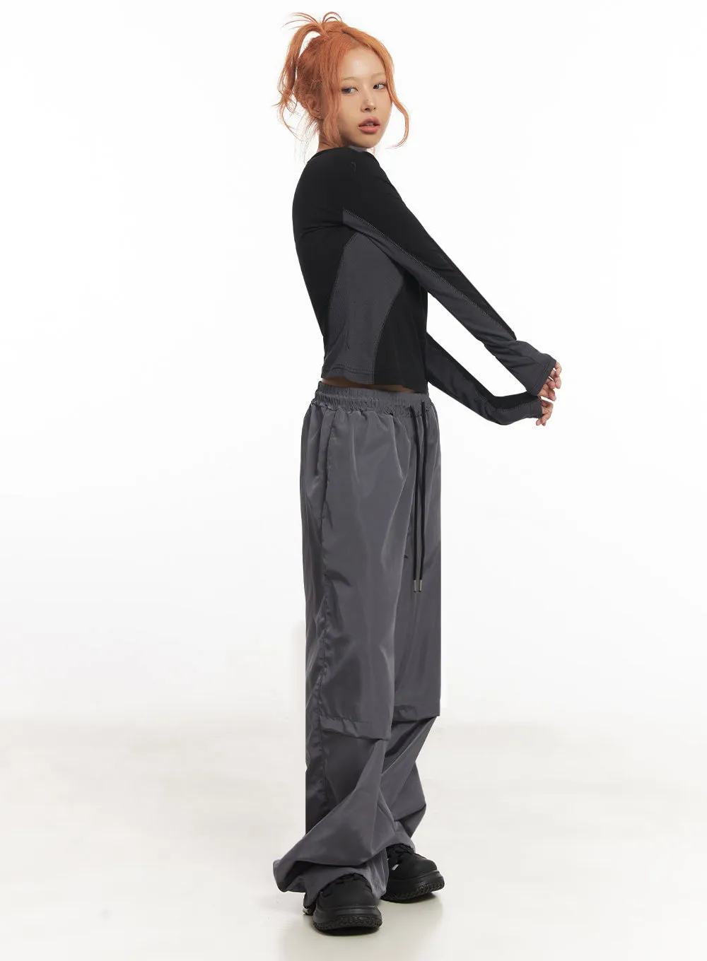 Pintuck Wide-Leg Windbreaker Trackpants IA517