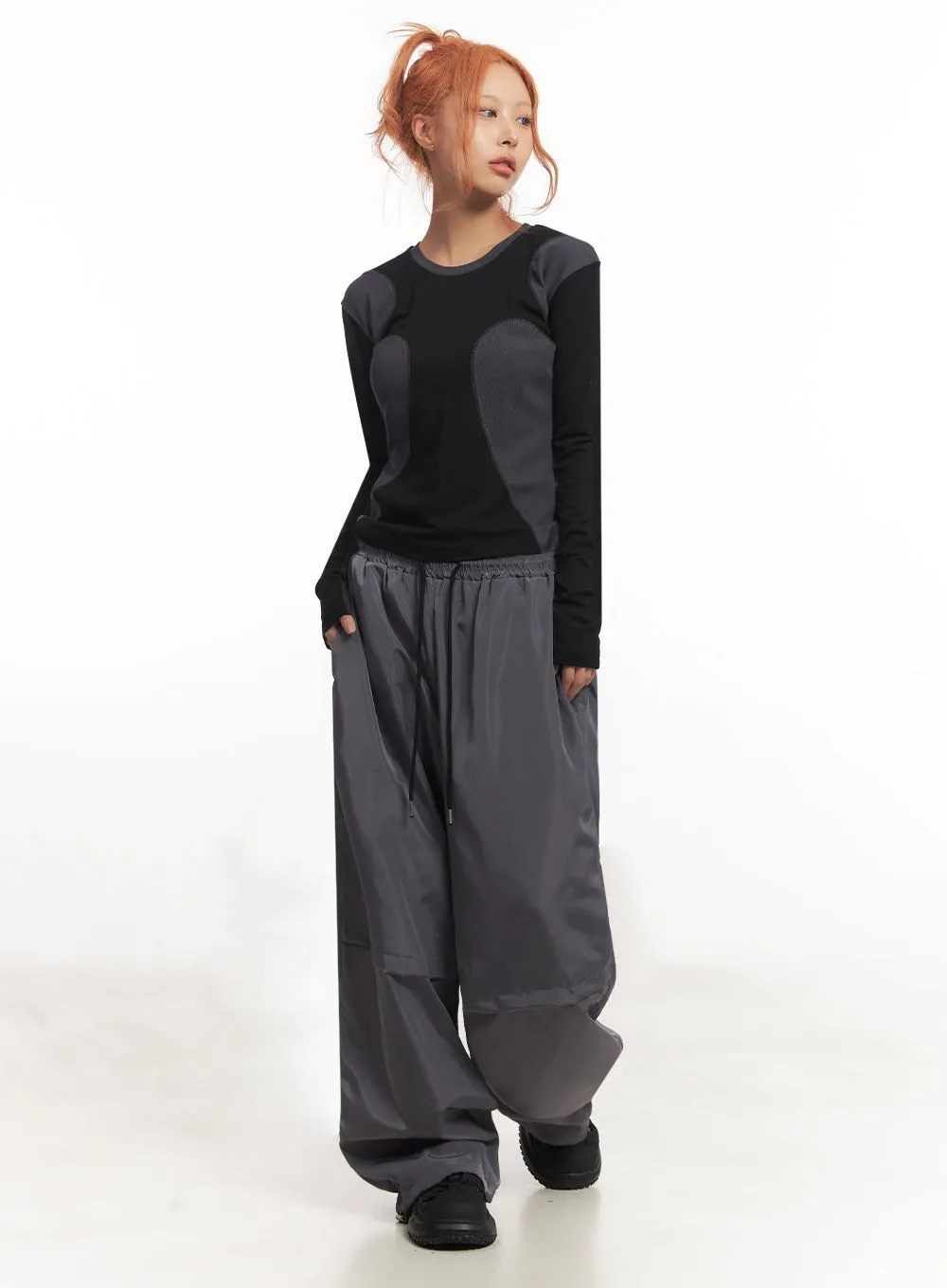 Pintuck Wide-Leg Windbreaker Trackpants IA517