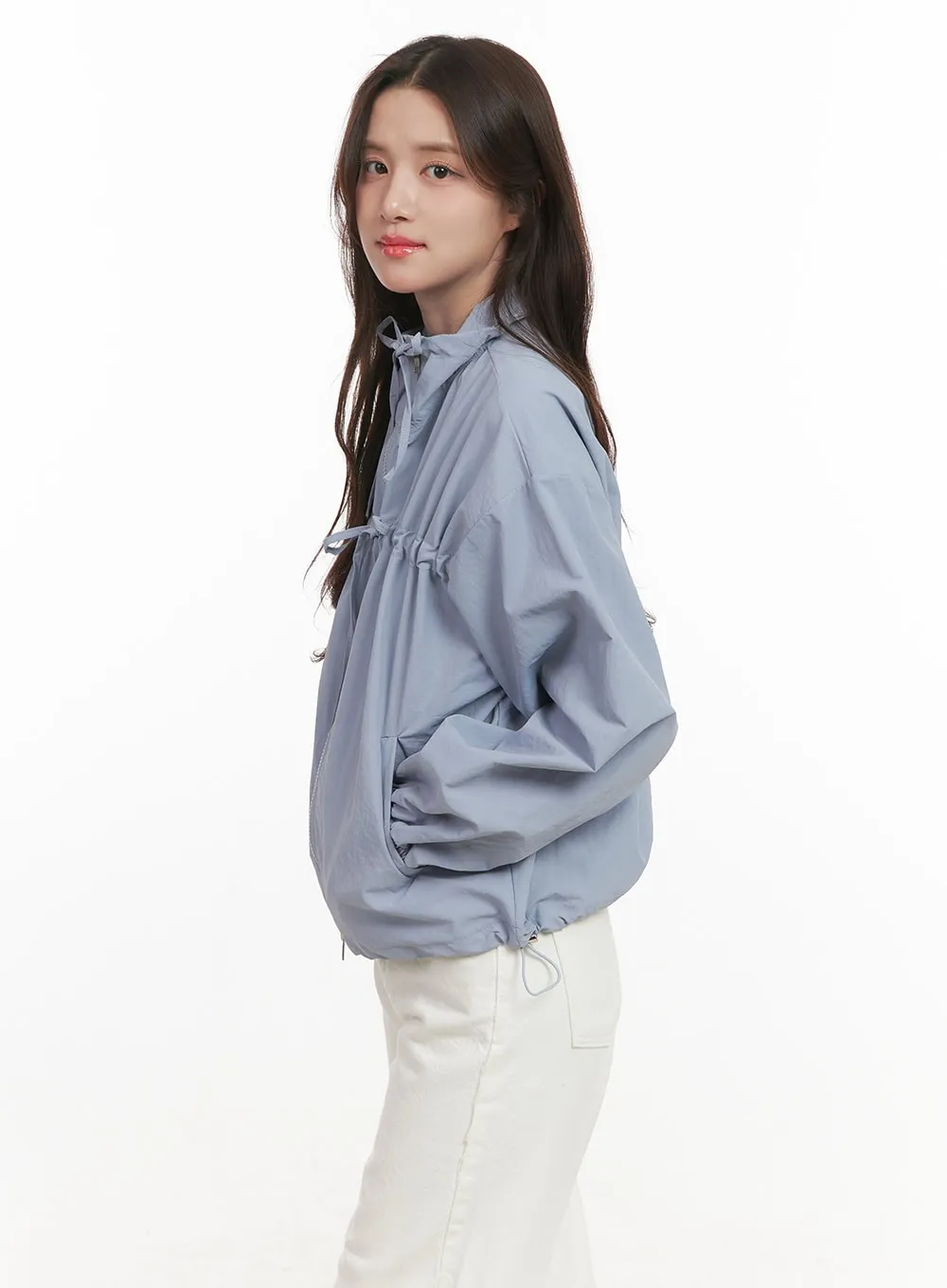 Shirred Ribbon Zip Up Windbreaker CJ515