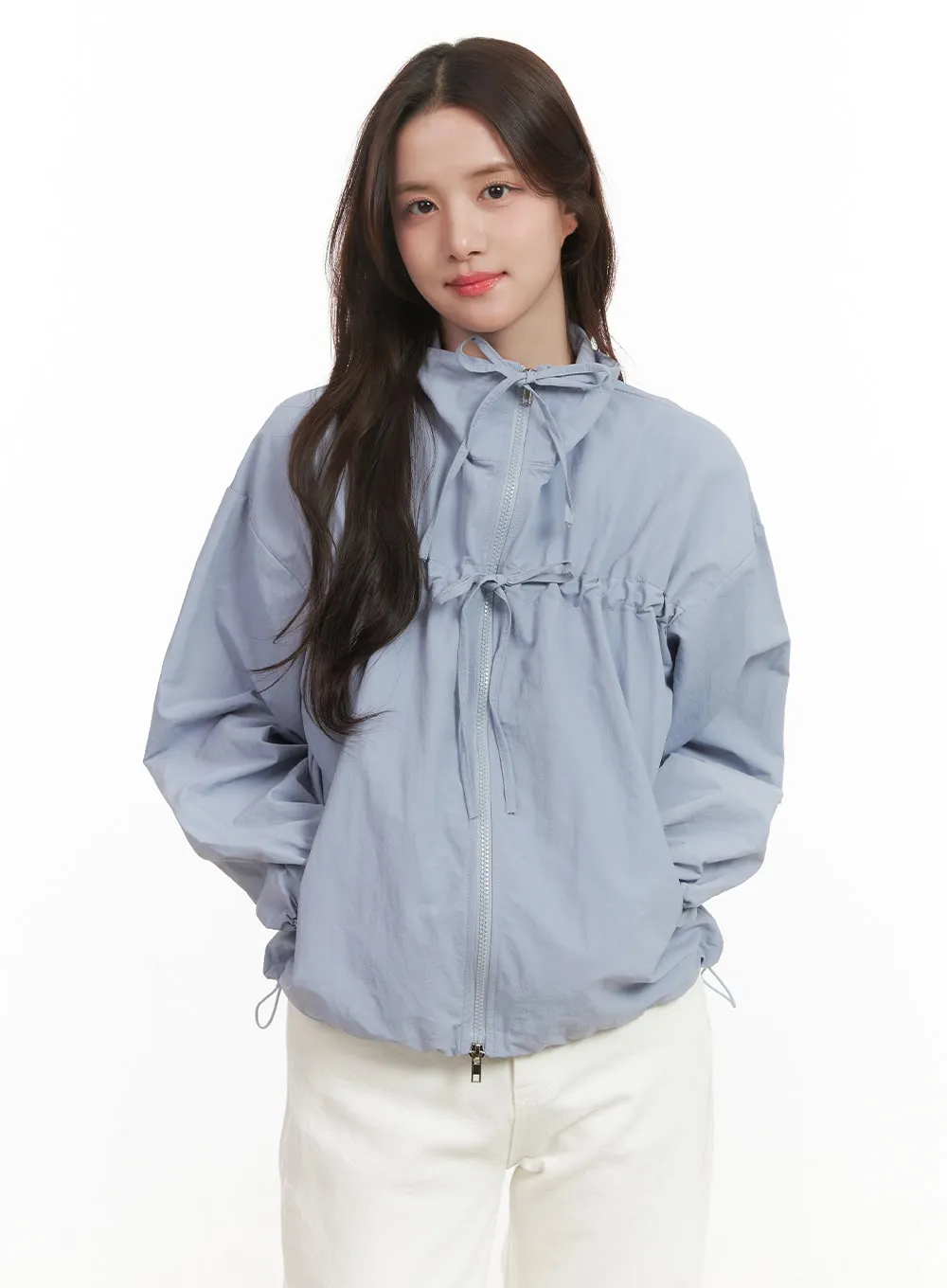 Shirred Ribbon Zip Up Windbreaker CJ515