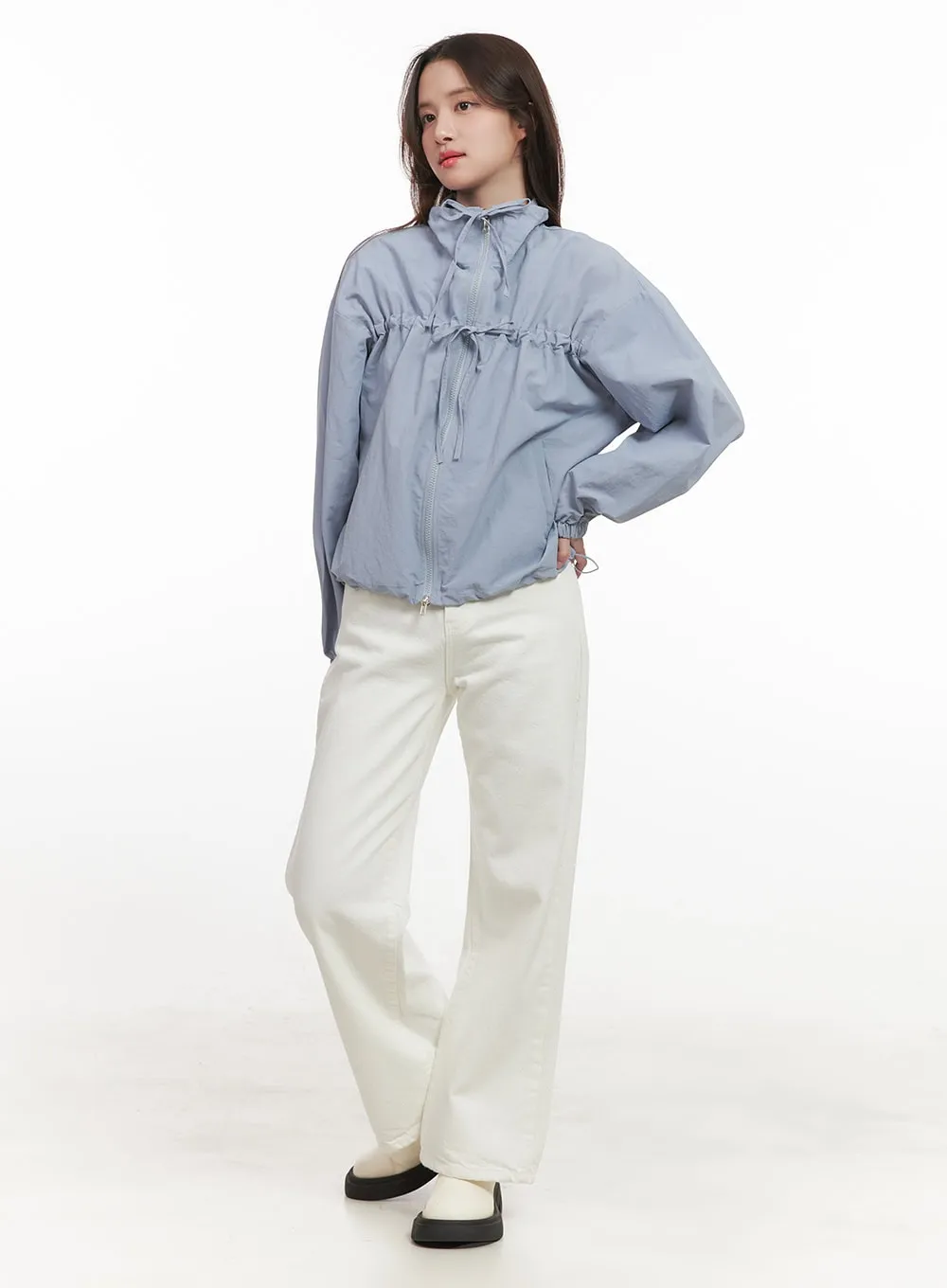 Shirred Ribbon Zip Up Windbreaker CJ515