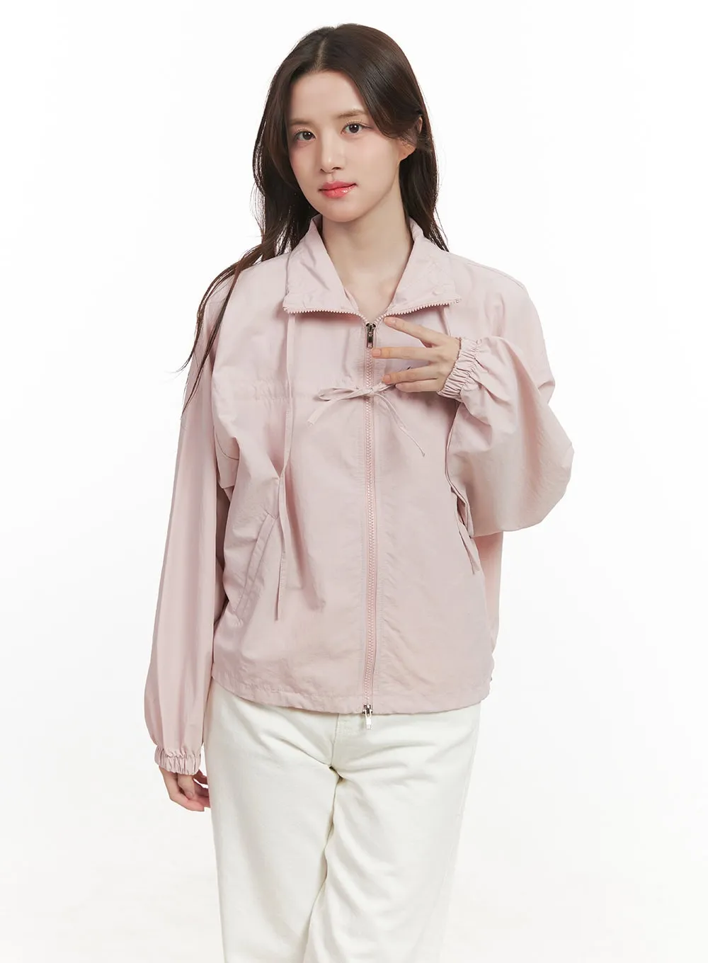 Shirred Ribbon Zip Up Windbreaker CJ515