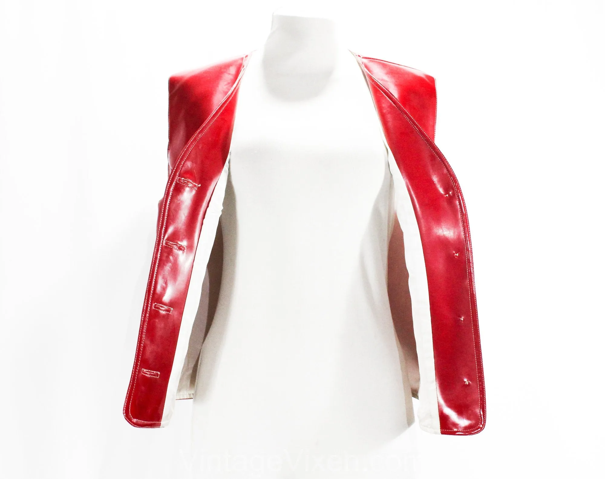 Size 12 Brick Red Vest - Large 1960s Mod Futurist Wet Look Vinyl - 60s Sleeveless Fad Button Front Tunic - White Top Stitching - Bust 38