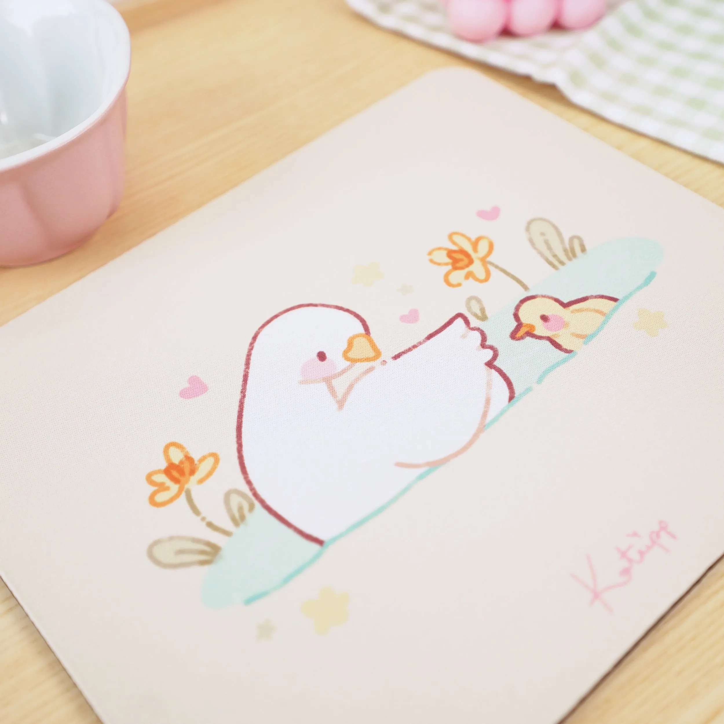 Spring Ducks & Daffodils Mouse Mat | Mother Duck & Tuffy | Pastel Kawaii Desk Pad for Mother’s Day