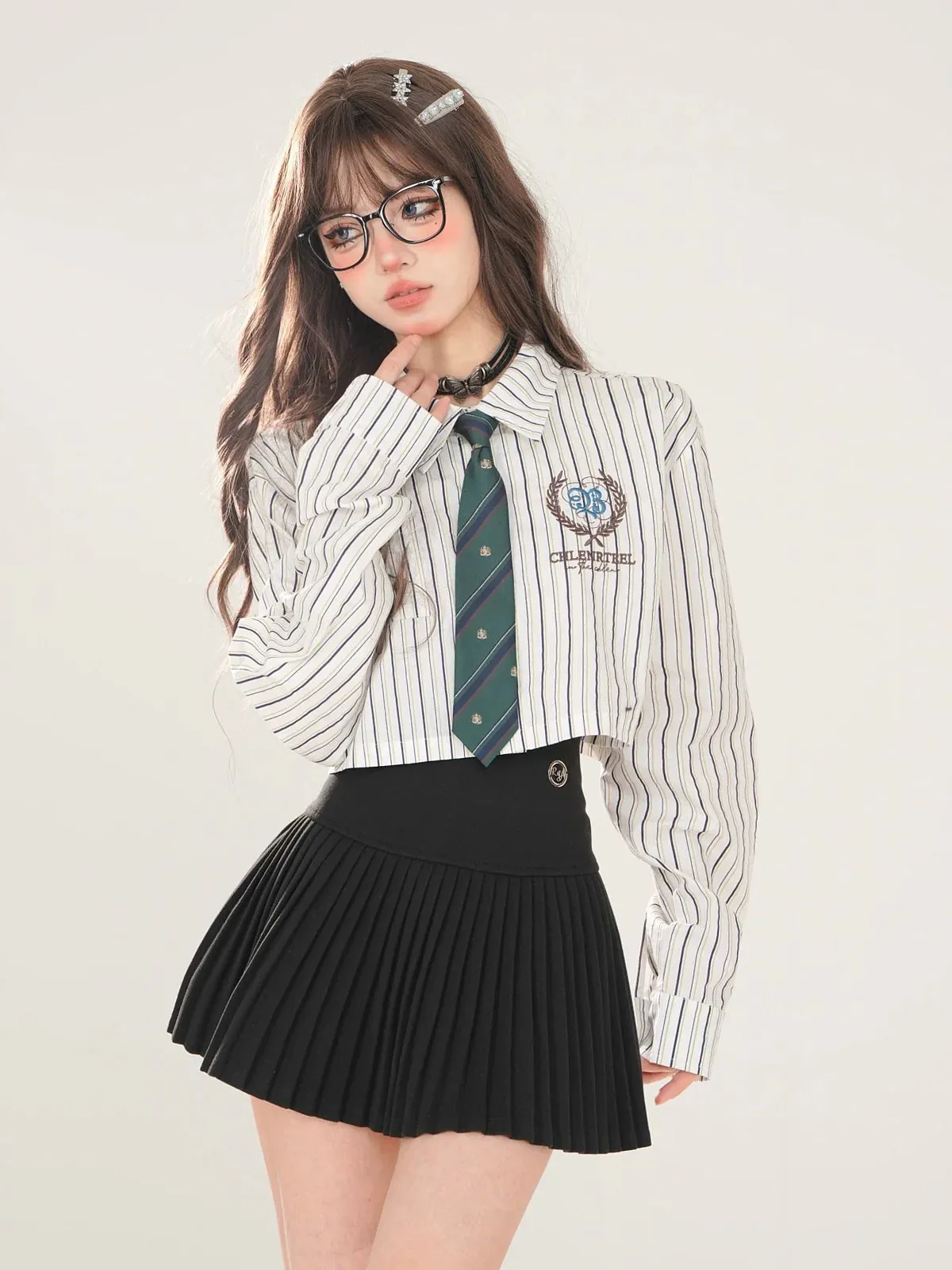 Tie Set Short Style Polo   Collar High Shirt Stripe School