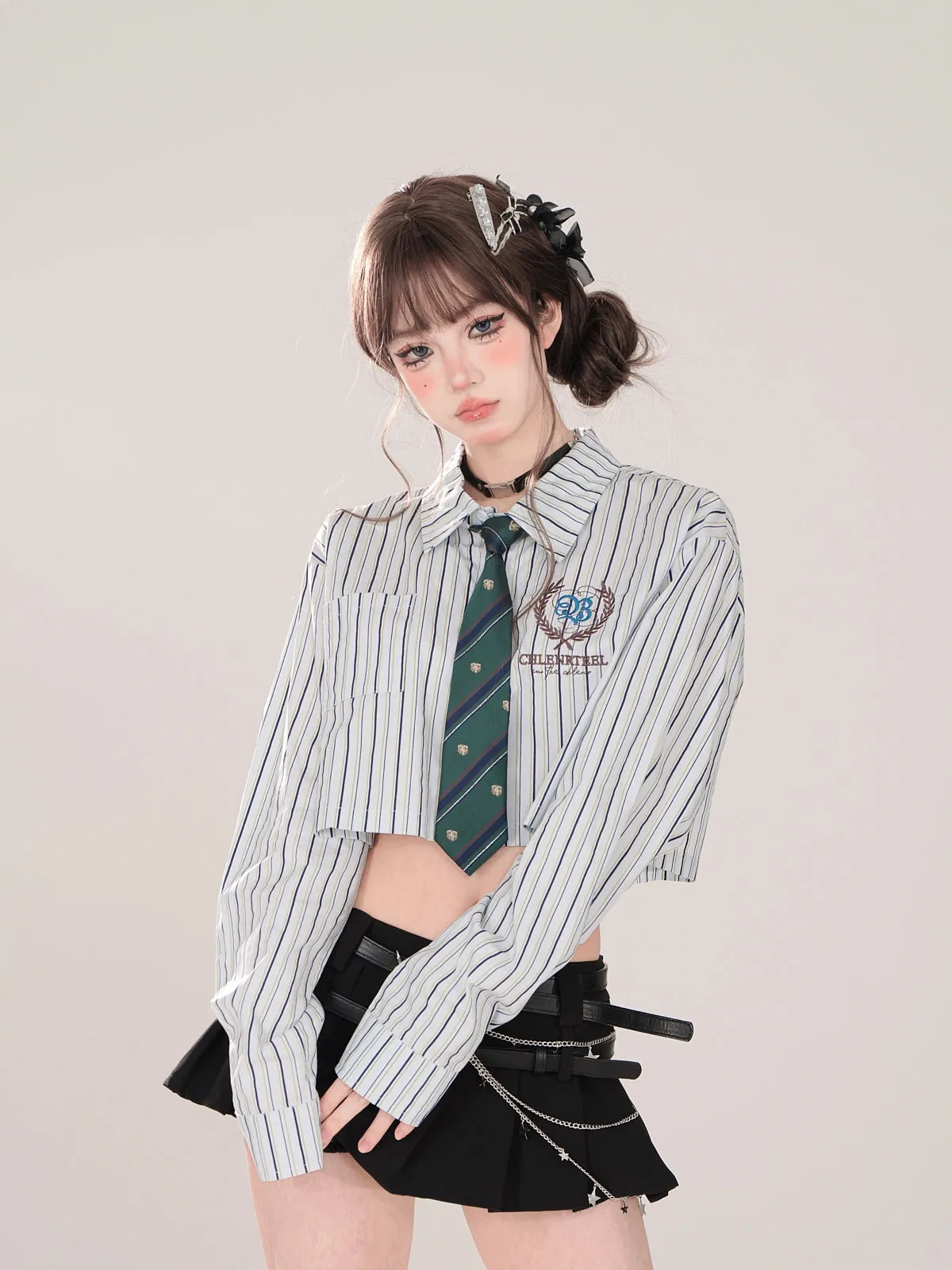 Tie Set Short Style Polo   Collar High Shirt Stripe School