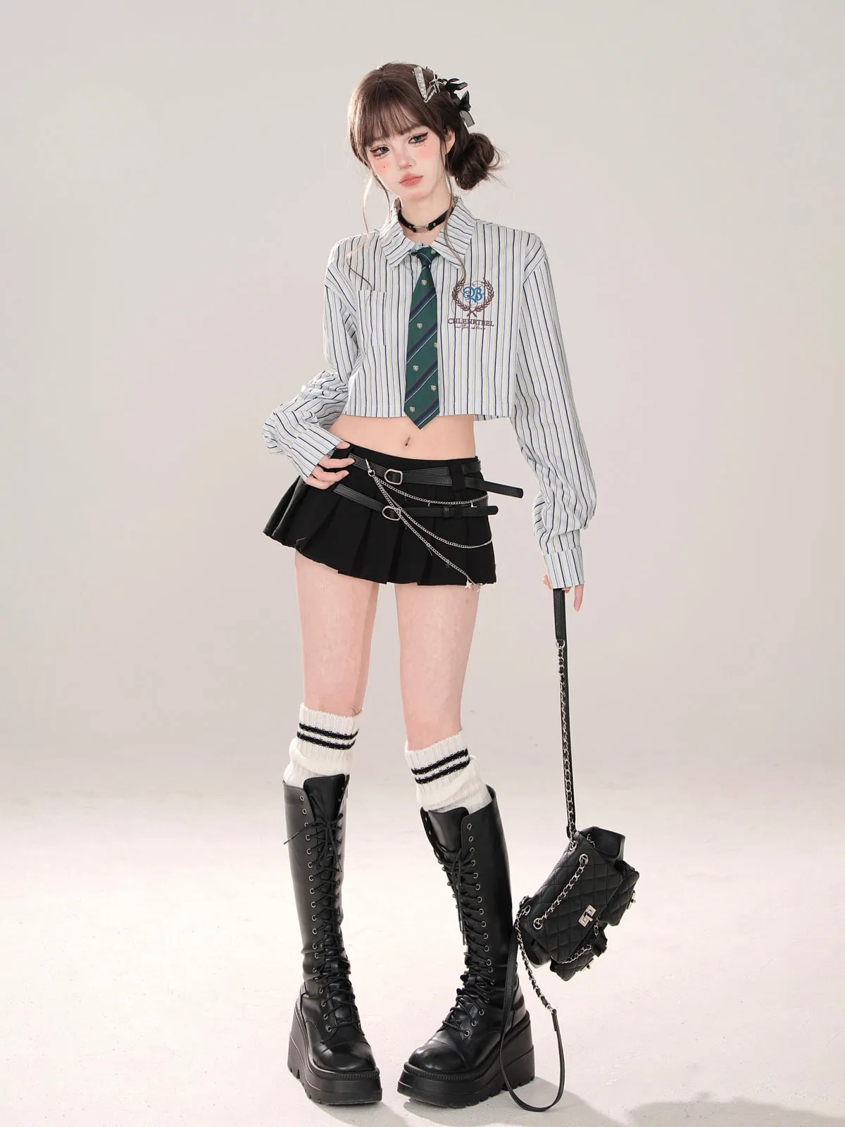 Tie Set Short Style Polo   Collar High Shirt Stripe School