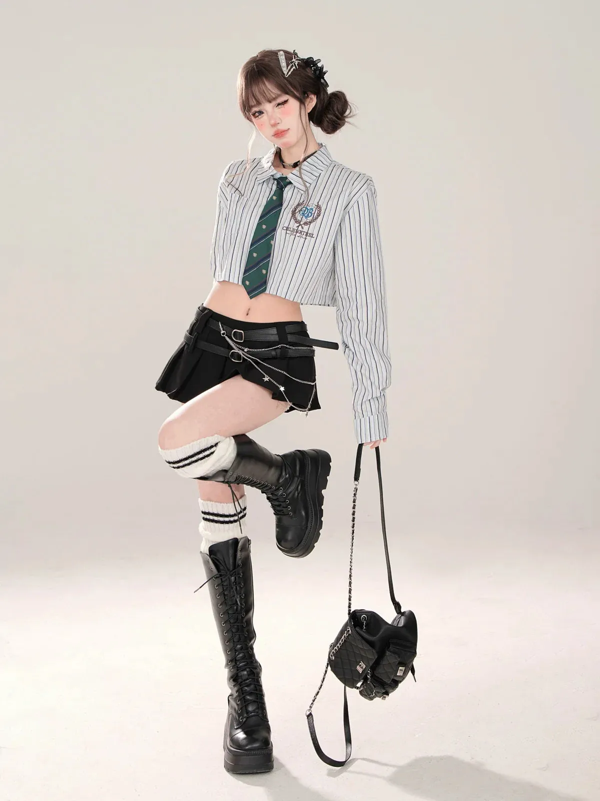 Tie Set Short Style Polo   Collar High Shirt Stripe School