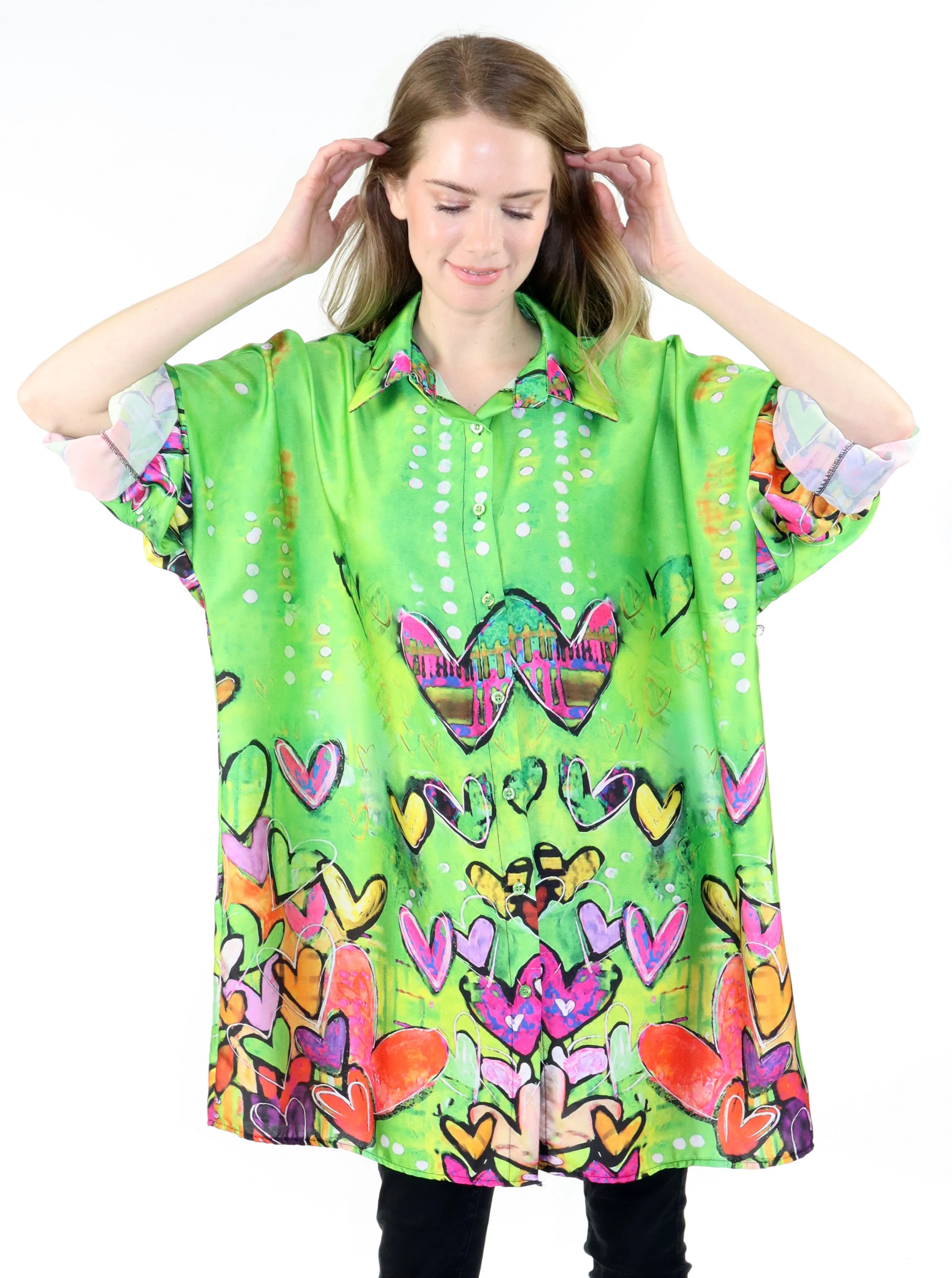 Womens Oversized Baggy Button Down Digital Heart Print Shirt Blouse Tunic Top with Collar | One Size Fits All