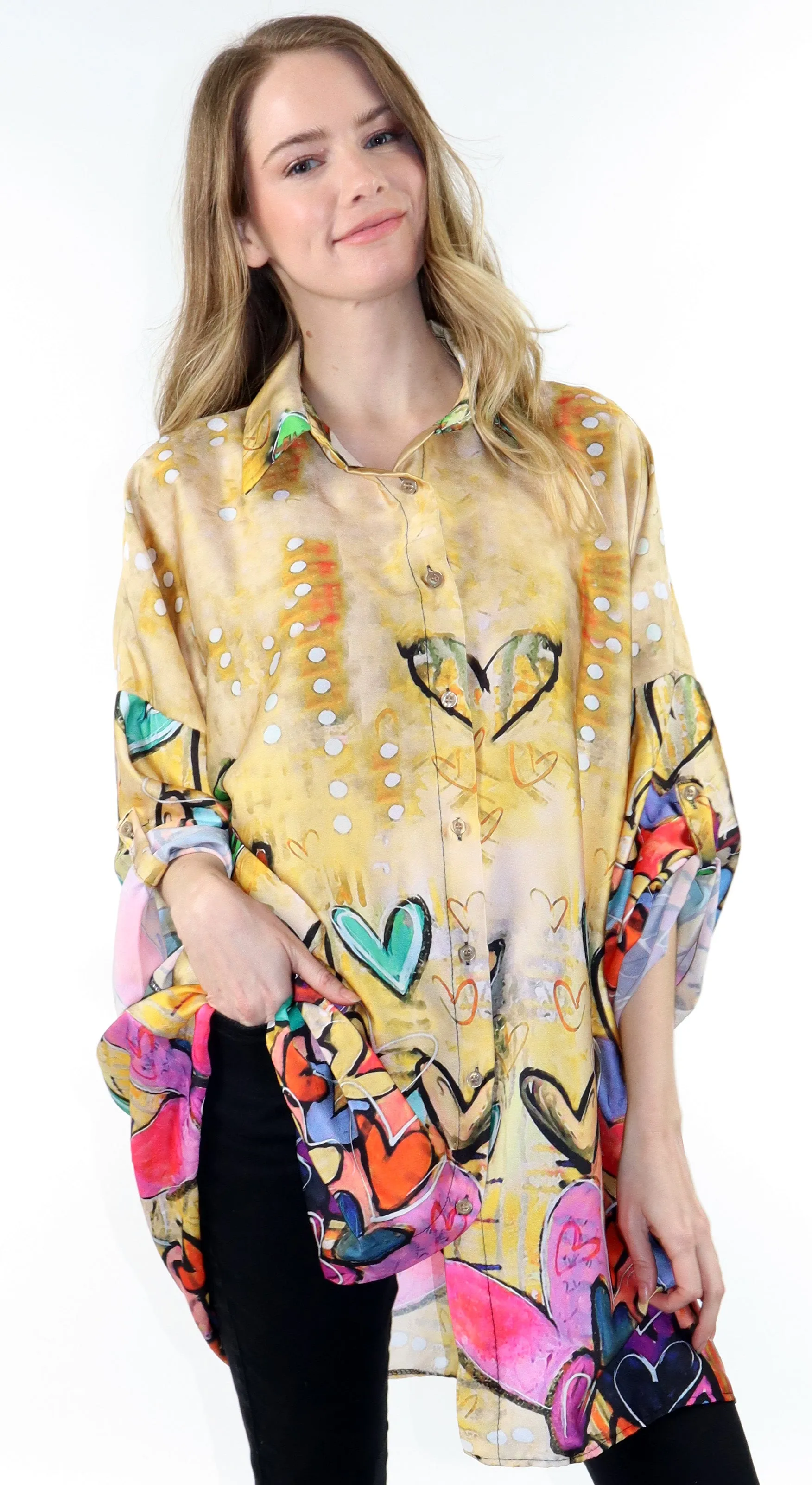 Womens Oversized Baggy Button Down Digital Heart Print Shirt Blouse Tunic Top with Collar | One Size Fits All